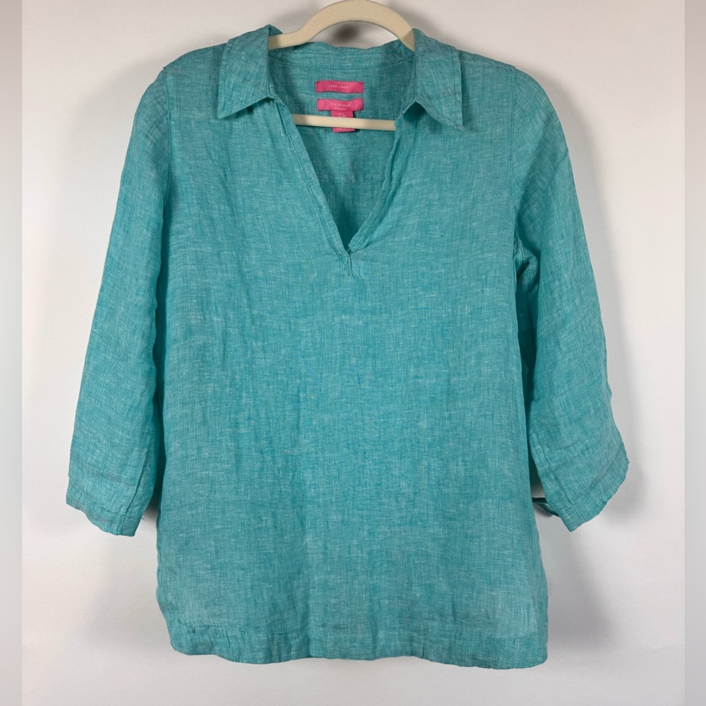 Issac Mizrahi 100% Linen Blouse Womens Small Boxy Relaxed Teal Collared VNeck